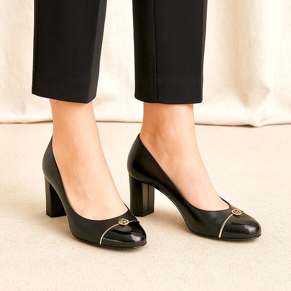 Tory Burch Black Leather Cap Toe PACEY Pumps Gold Logo Classic Designer 10 - Picture 1 of 10